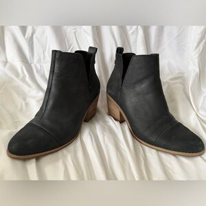 Toms Black Leather Ankle Booties with Brown Wood Heel